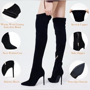 GENSHUO Over the Knee Boot with Heel Suede Thigh High Boot Stretch10 Pointed Toe